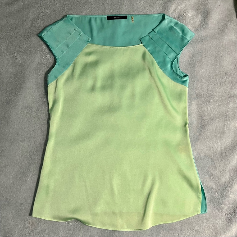 Tahari Mint Green and Aqua Cap Sleeve Blouse